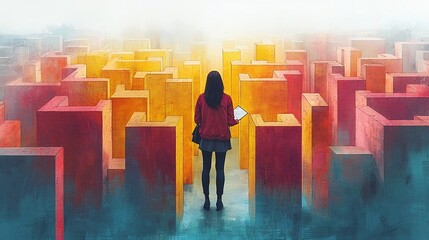 Wall Mural - Woman Navigating Complex Business Maze of Skyscrapers with Map Representing Strategy for Achieving Goals