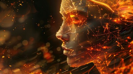 Poster - Humanoid AI robot on abstract digital background, cyborg or android like young woman, futuristic artificial intelligence. Concept of technology, fire, art, face, problem, science