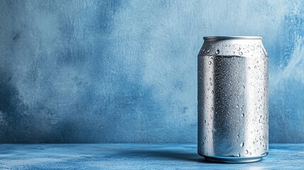Poster - Refreshing Cold Beverage In A Blank Aluminum Can With Condensation, On A Textured Blue Background