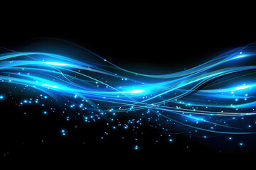 Wall Mural - close up horizontal abstract illustration of shiny blue wavy light stream over a dark background