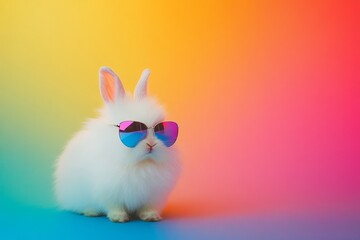 Wall Mural - Adorable White Rabbit Wearing Stylish Sunglasses Against a Vibrant Rainbow Gradient Background for Creative and Fun Imagery