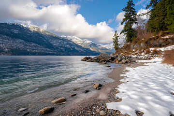 Wall Mural - A beautiful snowy landscape with a body of water and a rocky shore