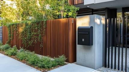 Poster - A cleverly designed parcel delivery box embedded into the fence, adding both convenience and style to the modern homes exterior aesthetic