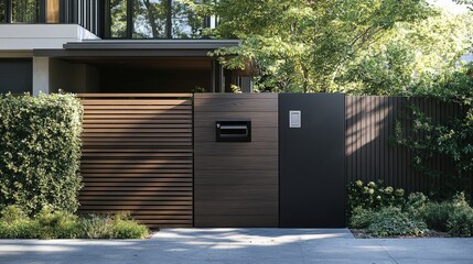 Poster - A contemporary parcel delivery box designed to blend into the fence, offering a clean look while complementing the houses modern exterior design -