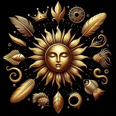Poster - golden sun with feather crown fish scale feather and fish scale