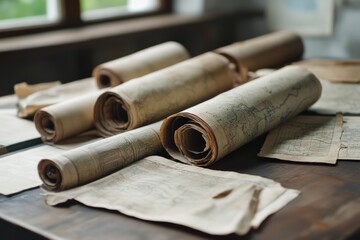 Aufkleber - Rolled vintage maps rest on a wooden table, evoking nostalgia and the allure of exploration and adventure in a timeless setting.