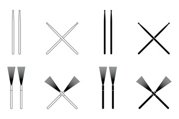 crossed drumsticks and drum brushes vector icon set. percussion instrument tools, drum accessories, 