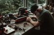 © Victor Bertrand - An elderly man focuses intently on crafting a model train in his workshop, surrounded by tools and nostalgia, representing dedication and passion.