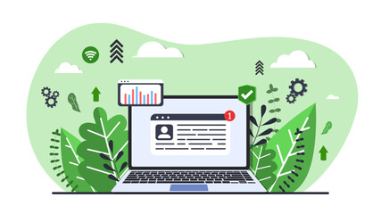 Vector illustration. User information and statistic design. Laptop with green background and leaves. Design for banner, template, background.