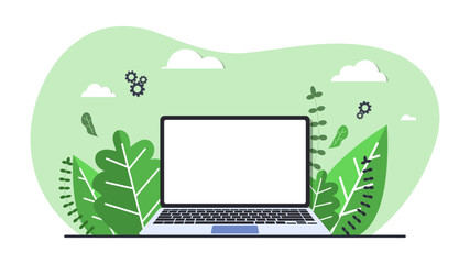 Laptop with setting gears template. Design for wallpaper, web, background, banner. Flat cartoon design.