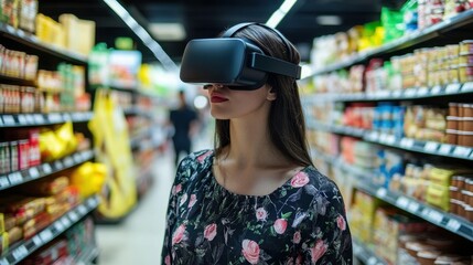 Poster - Technology meets retail: woman wearing VR glasses shops in a high-tech supermarket environment.