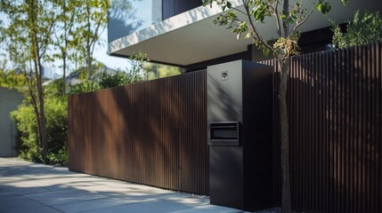 Poster - A modern, minimalist parcel delivery box embedded into a sleek fence, perfectly matching the design of the houses exterior for a cohesive look
