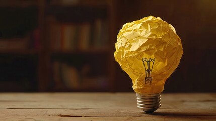 Wall Mural - a crumpled yellow light bulb on a wooden surface, symbolizing creativity and innovative ideas in a c