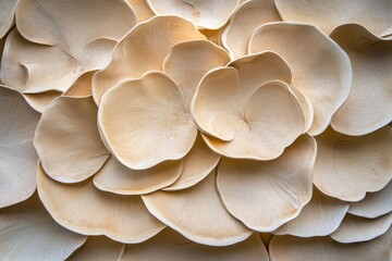 Poster - Delicate Natural Textures of Creamy White Mushroom Caps Overlapping Each Other, Creating a Soft and Elegant Background Ideal for Various Design Projects