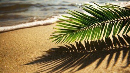 Wall Mural - a vibrant green palm leaf rests on golden sand by the shoreline, casting a shadow as gentle waves la