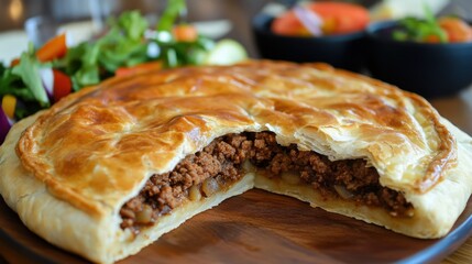 Wall Mural - Savory meat pie freshly baked with golden crust, served with colorful salad and side dishes