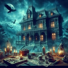 Poster - haunted mansion an old decrepit house filled with ghostly appari