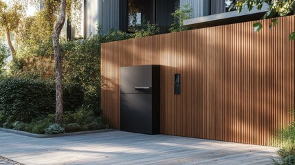 Poster - A sleek, modern parcel delivery box embedded in a wooden fence, harmonizing with the house's exterior design and offering an unobtrusive storage solution