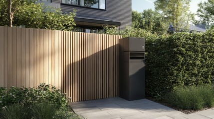 Poster - A sleek, modern parcel delivery box embedded in a wooden fence, harmonizing with the house's exterior design and offering an unobtrusive storage solution