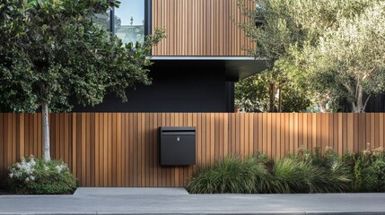 Poster - A sleek parcel delivery box seamlessly integrated into a wooden fence, complementing the modern house's exterior design with a clean and stylish look
