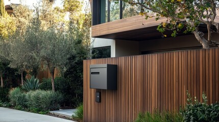 Poster - A sleek parcel delivery box seamlessly integrated into a wooden fence, complementing the modern house's exterior design with a clean and stylish look