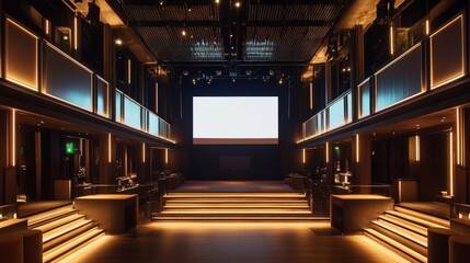 Poster - A spacious modern venue with a central stage, illuminated white screens, tiered seating, and a bold dark ceiling structure highlighted by soft lighting
