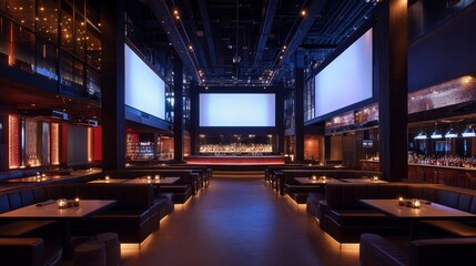 Poster - A spacious modern venue with a central stage, illuminated white screens, tiered seating, and a bold dark ceiling structure highlighted by soft lighting