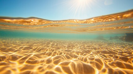 Poster - crystal clear waters with shimmering sand observed from beneath the surface on a sunny day