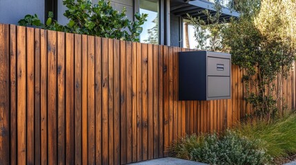 Poster - A stylish, integrated parcel delivery box nestled in a wooden fence, blending with the house's exterior for a sleek and modern curb appeal