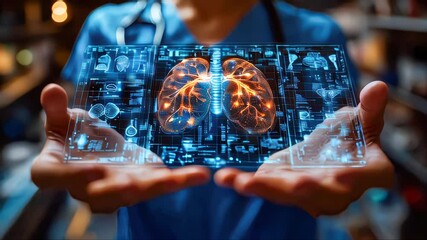 Poster - Transparent holographic lungs glowing with intricate digital pathways, held by a person in a medical environment