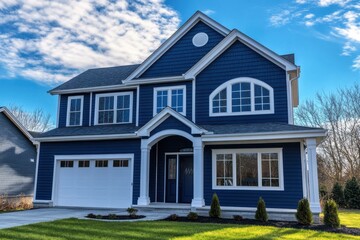 Wall Mural - modern suburban house deep blue siding white trim arched window gray roof