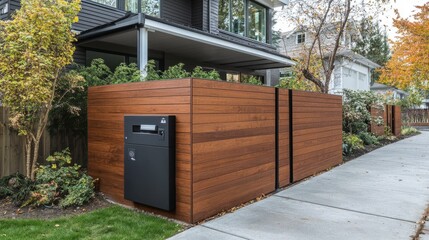 Poster - Innovative parcel delivery box integrated into a stylish fence, designed to blend with the house's exterior for a seamless, modern appearance