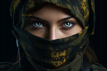 Leinwandbilder - Generative AI image of beautiful female soldier in camouflage uniform in military security
