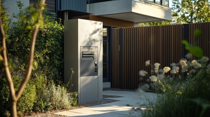 Poster - Stylish parcel delivery box built into a fence, designed to blend with the homes exterior for a seamless and functional solution to deliveries