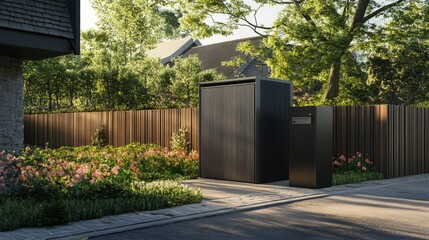 Poster - Stylish parcel delivery box built into a fence, designed to blend with the homes exterior for a seamless and functional solution to deliveries