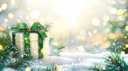 Wall Mural - Christmas card design featuring a green ribbon gift box on snow, glowing bokeh lights, and pine branches. A festive banner and seasonal holiday concept for New Year celebrations.