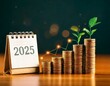 © M - Calendar happy new year 2025 with graph and stack of growth coins. financial annual plan for save money, Budget, tax, investment, financial, savings, and New Year Resolution retirement concept