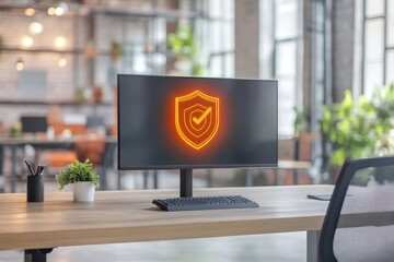 Poster - Digital Security Concept with Shield and Checkmark on Modern Computer Screen in Office Workspace Highlighting Data Protection and Cybersecurity Framework