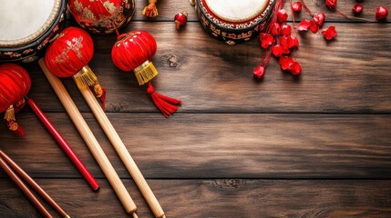 Wall Mural - Chinese new year traditional drums, lanterns, and decorations on a wooden background.