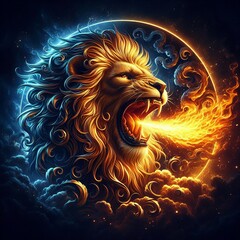 Poster - Lion Roaring with Fire A majestic golden lion roaring with flame