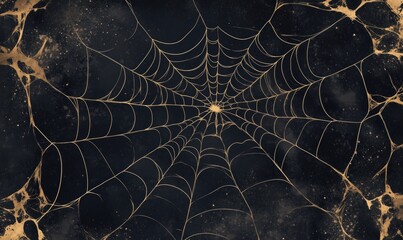 Golden spider web on dark background, intricate design, delicate strands, artistic representation, abstract art