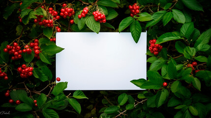 Wall Mural - Blank white card surrounded by green leaves red cherries growing on branches. Lush natural paper template advertising image. Product labels, announcement mock up product photorealistic