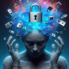 Poster - Mental Health Stigma A person s head with a lock symbolizing the