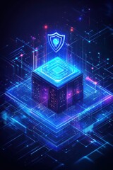 Canvas Print - Futuristic digital security concept with isometric blue building and technology grid overlay