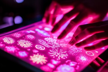 Poster - Vibrant Digital Art Creation with Hands Interacting with Colorful Light Display, Showcasing Abstract Floral Patterns and Textures in a Luminous Setting