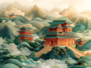 Wall Mural - A light green and gold styled landscape of the Song Dynasty China with foreground waves