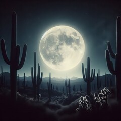 Poster - moonlit desert landscape with cacti a moonlit desert landscape w