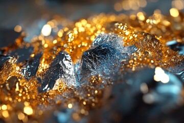 Poster - Close-Up View of Metallic Surface with Gold and Silver Elements Glimmering in Light, Showcasing Textures and Reflections for Artistic Backgrounds or Commercial Use