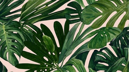 Poster - Lush Green Tropical Leaves on Pale Background