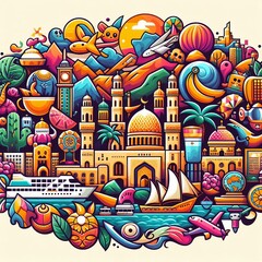 Poster - Muscat Postcard Design A colorful collection of iconic symbols
